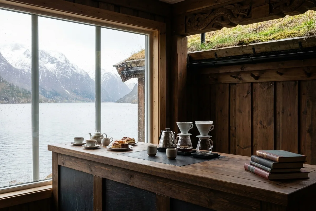 The station grounds at Travel Spring, granite shelf and boathouse jetty facing the Sognefjord at Fjærland.