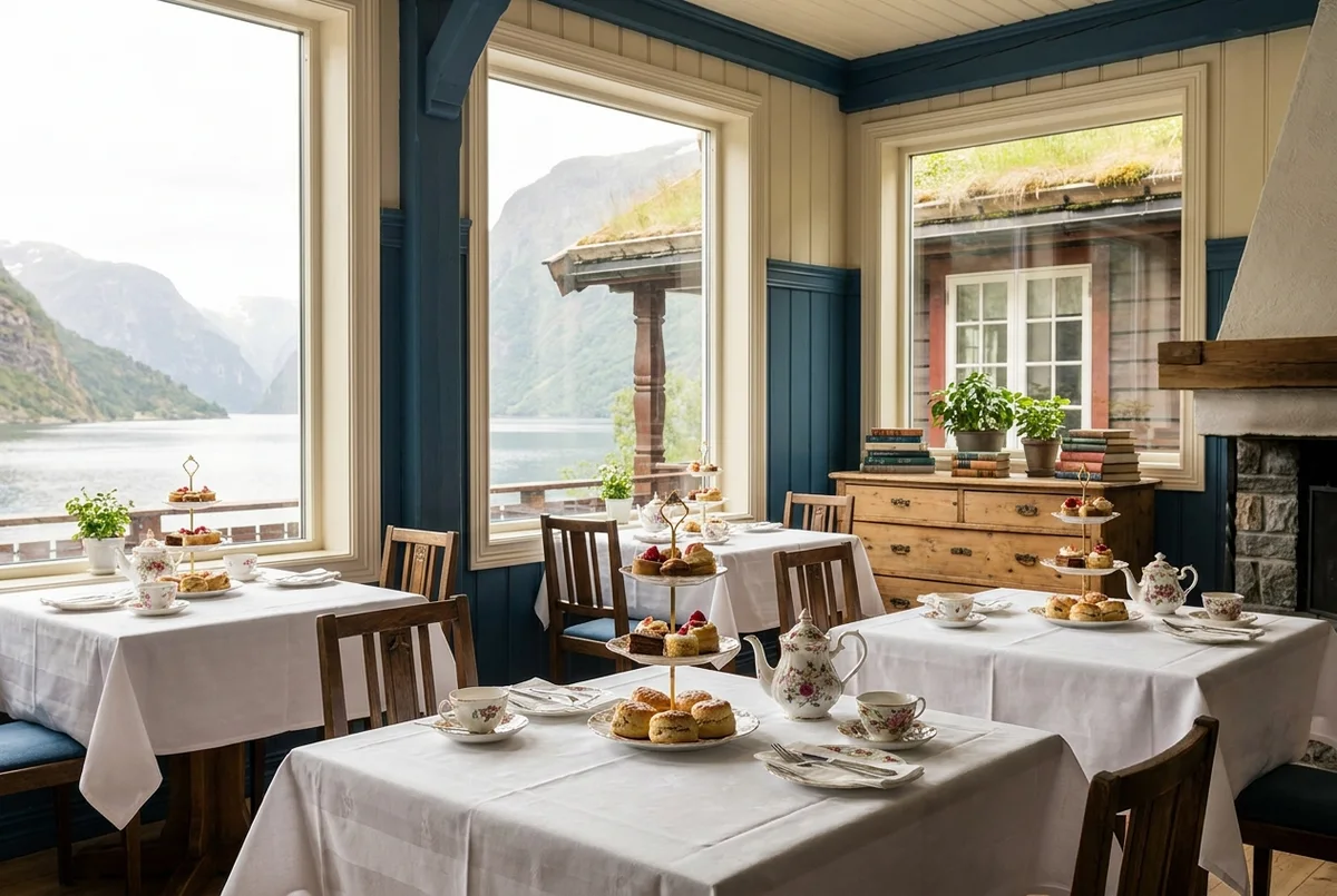The dining room of the station, long timber table set for breakfast against a fjord-facing window.