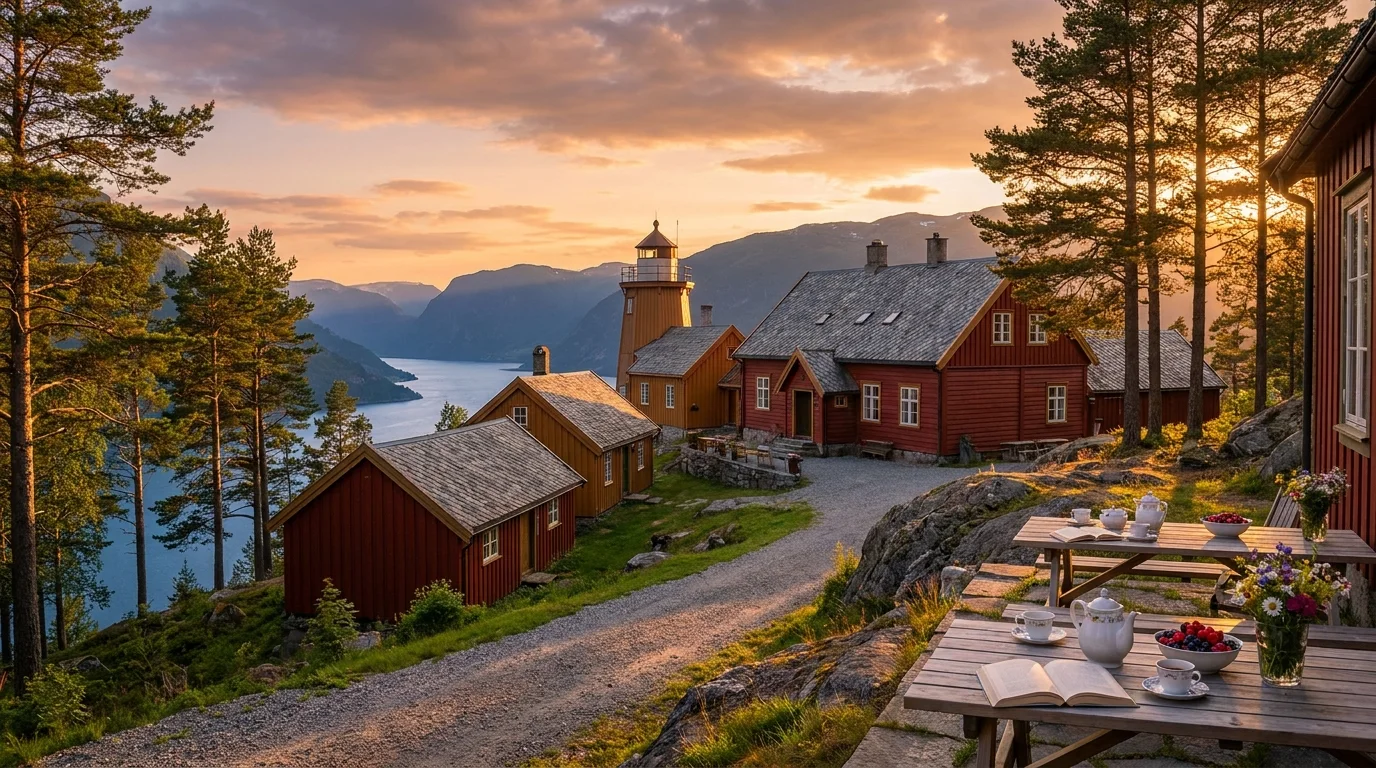Travel Spring lighthouse station on the Sognefjord at Fjærland, the converted keeper's buildings facing the water at dusk.