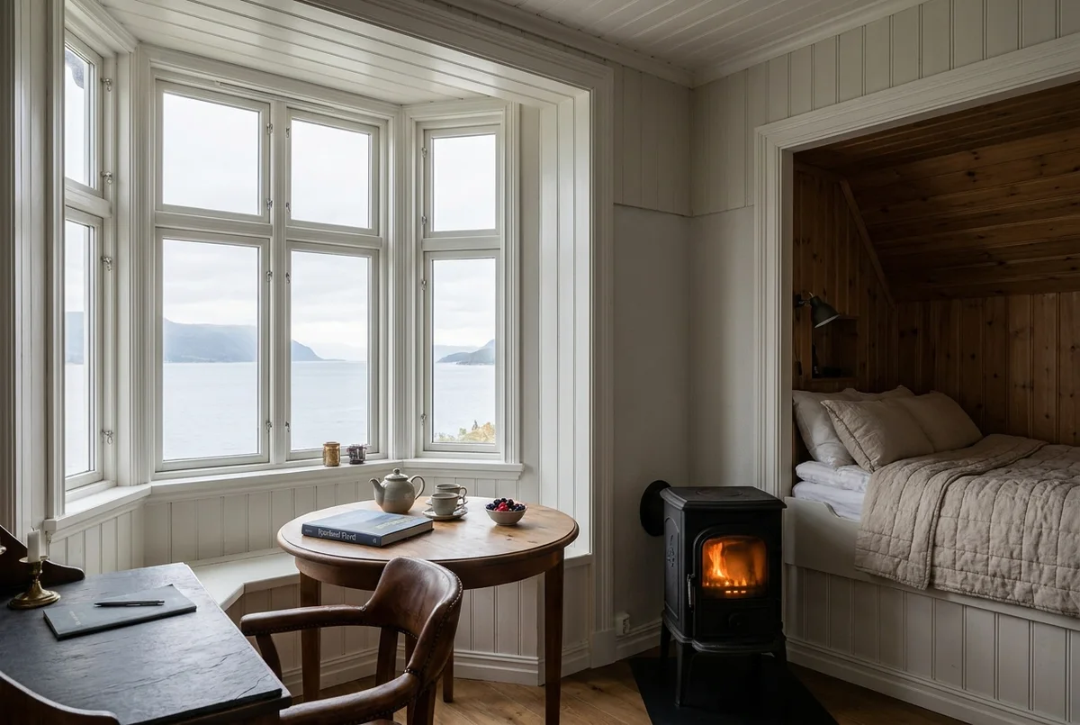 A cast-iron stove and slate reading desk in the keeper's quarters.