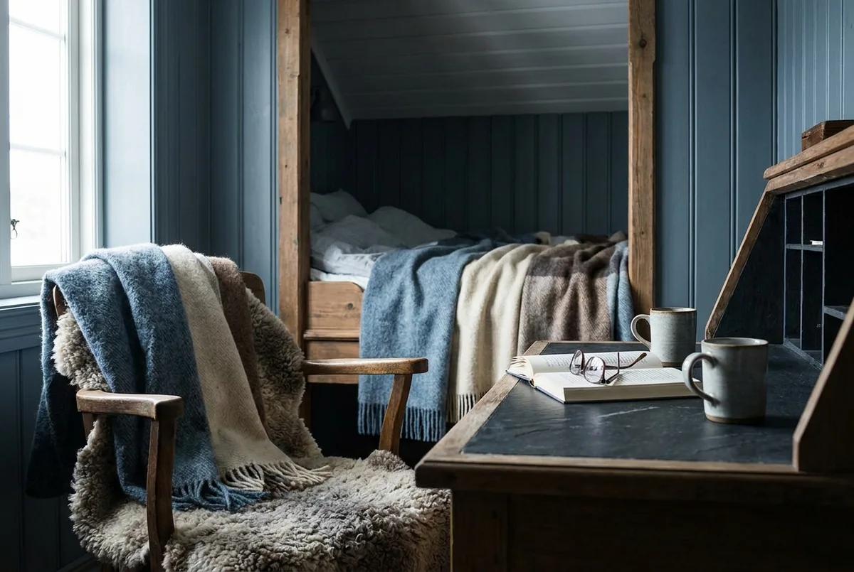 Wool textiles and the panelled alcove bed in the keeper's suite.