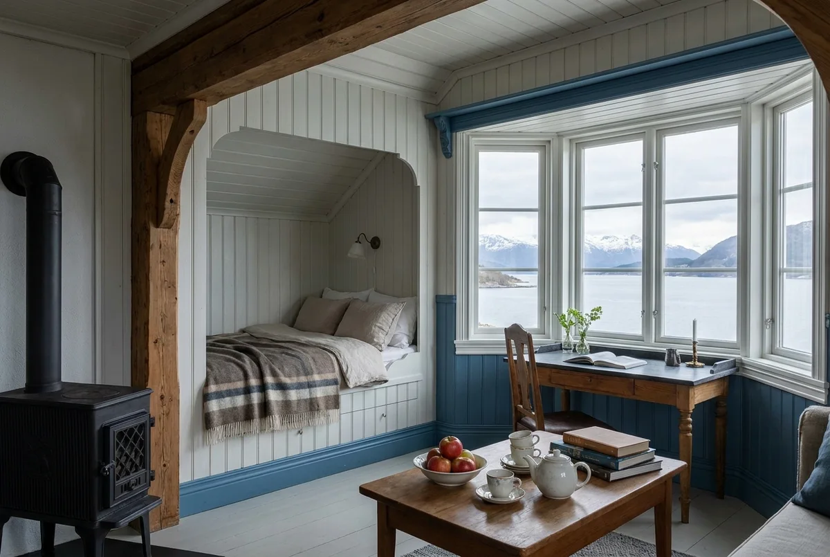 The panelled bay window of the Hisarøy Keeper's Suite, facing west over the fjord mouth.