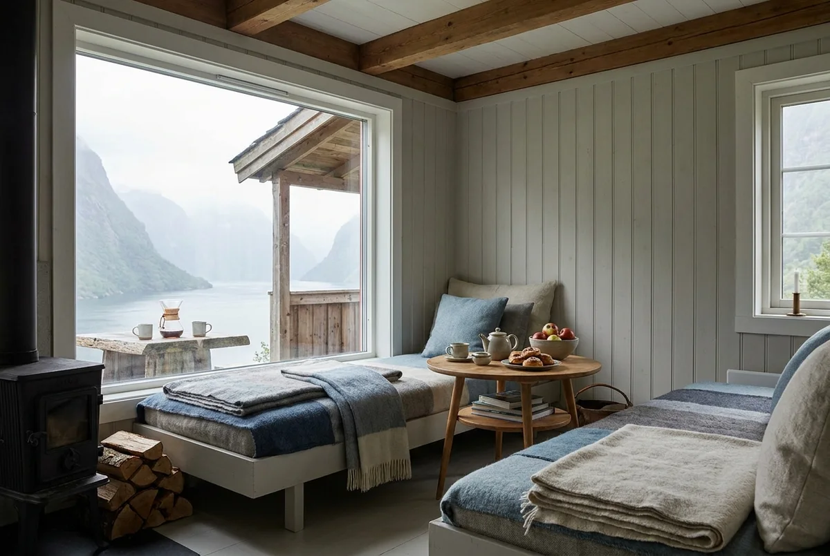The Utsira Cabin on the granite shelf, twin daybeds facing the water through the timber front.
