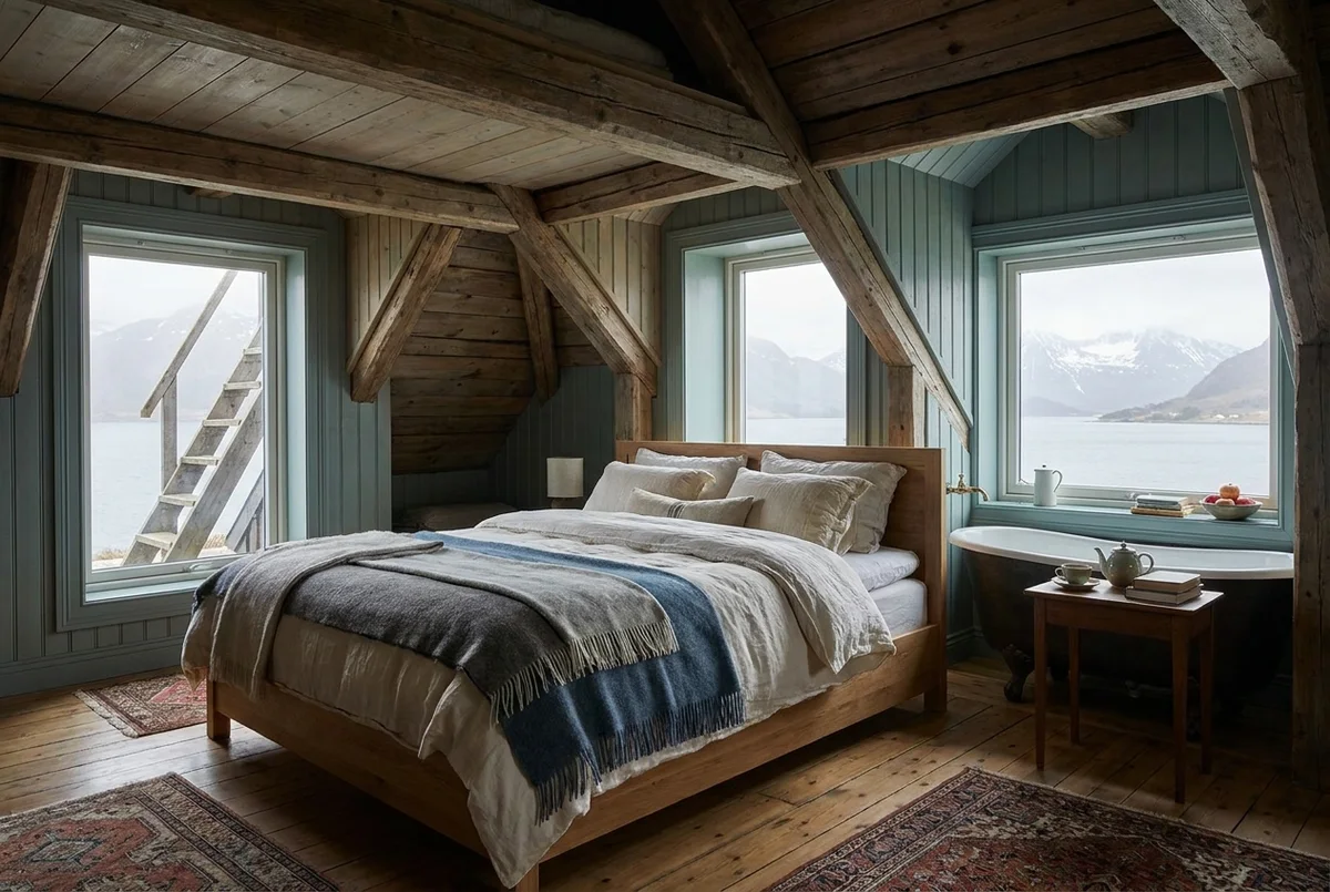 The raftered attic of the Værøy Loft, north dormers open to the ridgeline of the far shore.