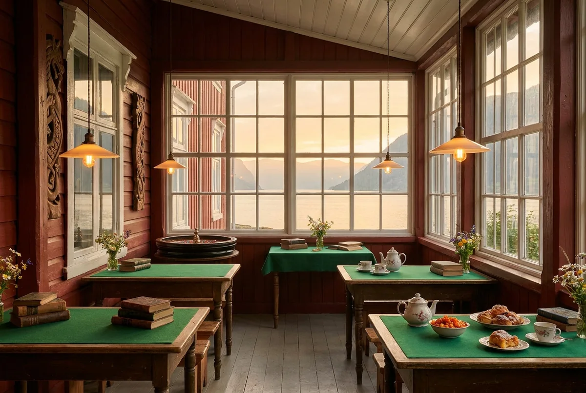 The glazed midnight-sun gaming veranda on the south face of the station, four tables set for the evening.
