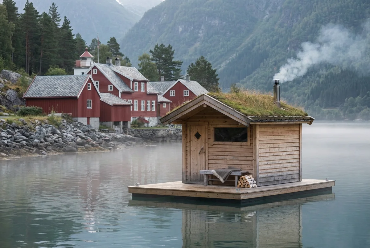 The timber sauna raft tethered off the granite shelf, cold-plunge ladder dropping into still water.
